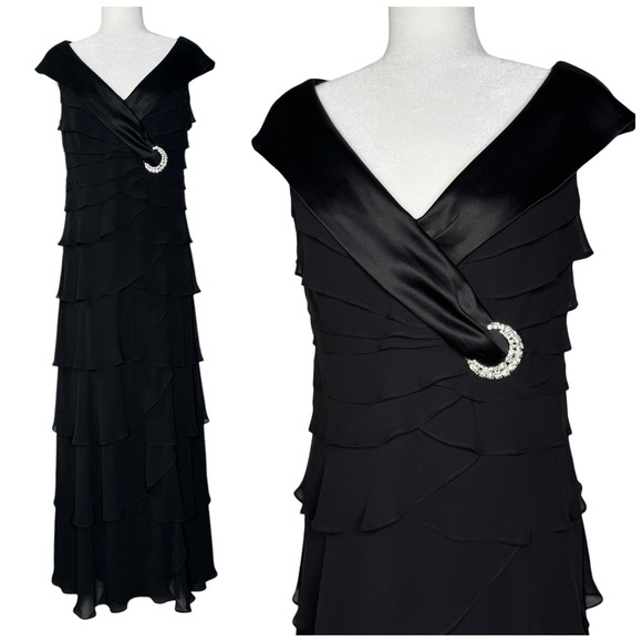Alex Evenings Dress 12 Tiered Ruffle Chiffon‎ Satin Gown Rhinestone Shawl Collar - Picture 1 of 8